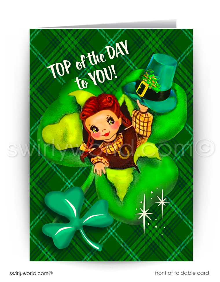 Celebrate St. Patrick’s Day with a vintage-inspired greeting card! A red-haired lass with a shamrock, plaid backdrop & retro typography makes it unforgettable. ☘️🎩