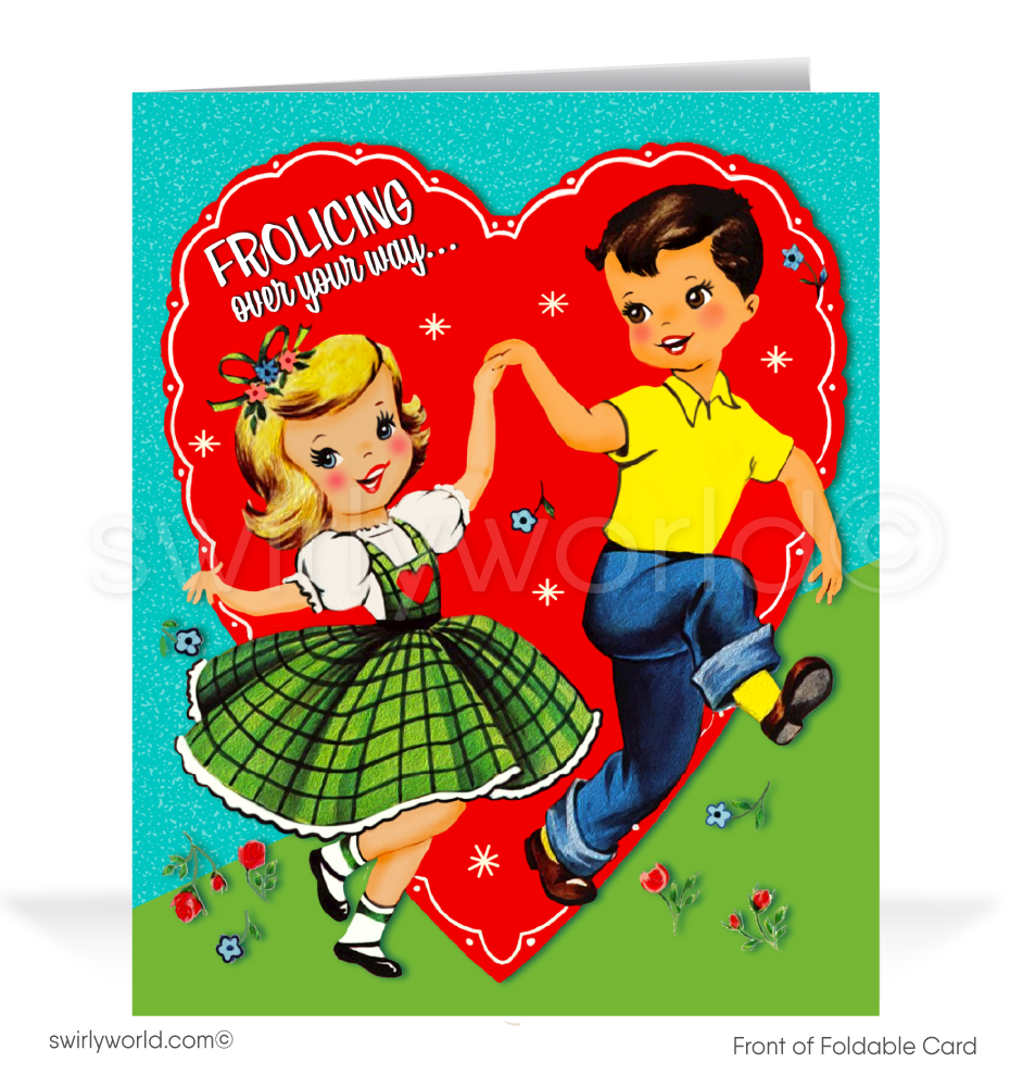 Celebrate Valentine’s Day with 1940s-1950s style kitschy cards! Featuring a cute boy and girl frolicking in a flower-filled garden. Vintage charm at its finest!