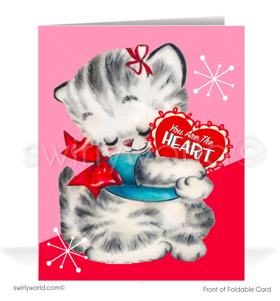 Shop 1950s-style Valentine’s cards! Featuring a shy kitten with a red bow and heartwarming message, set against a playful pink backdrop with retro starbursts.