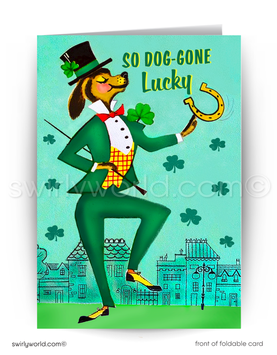 Celebrate St. Patrick’s Day with a vintage card featuring a dapper dog in festive Irish attire, holding a lucky horseshoe. Perfect for clients, friends & more!