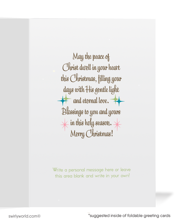 Send warm wishes with our vintage mid-century Christmas cards, featuring a pink church in a serene winter scene. Retro typography adds timeless charm. Customizable!