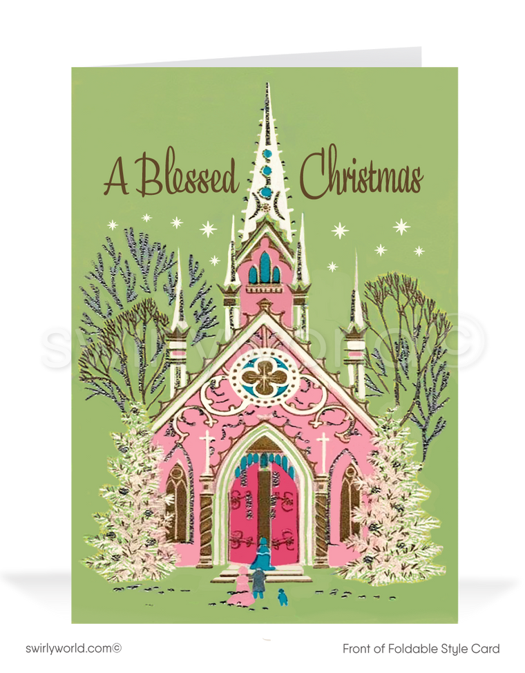 Send warm wishes with our vintage mid-century Christmas cards, featuring a pink church in a serene winter scene. Retro typography adds timeless charm. Customizable!