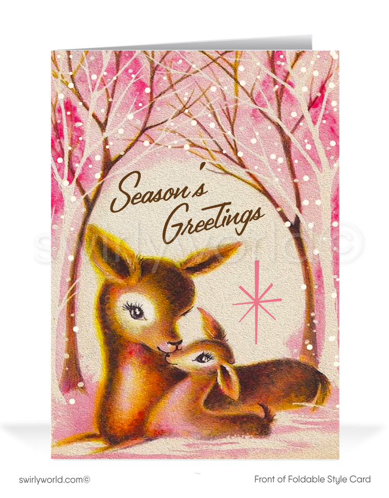 Vintage Mid-Century Christmas Card - Mother Deer & Fawn in Iconic Pink Winter Scene