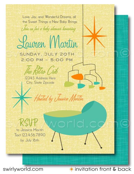 Throw a stylish retro baby shower with Swirly World's 1950s-60s Mid-Century Modern Invitation Set. Featuring atomic starbursts, MCM mobiles, and a vintage cradle in iconic colors. All wording editable. Ideal for a gender-neutral, swanky sixties baby shower soiree celebrating the newest addition to your family.