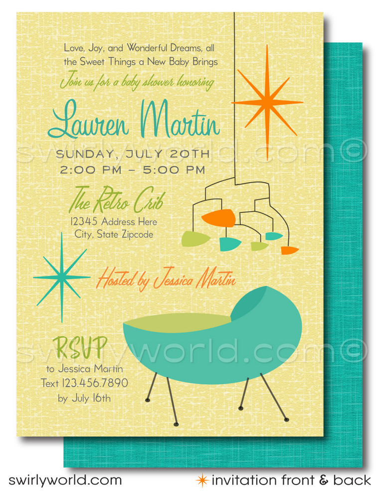 Throw a stylish retro baby shower with Swirly World's 1950s-60s Mid-Century Modern Invitation Set. Featuring atomic starbursts, MCM mobiles, and a vintage cradle in iconic colors. All wording editable. Ideal for a gender-neutral, swanky sixties baby shower soiree celebrating the newest addition to your family.