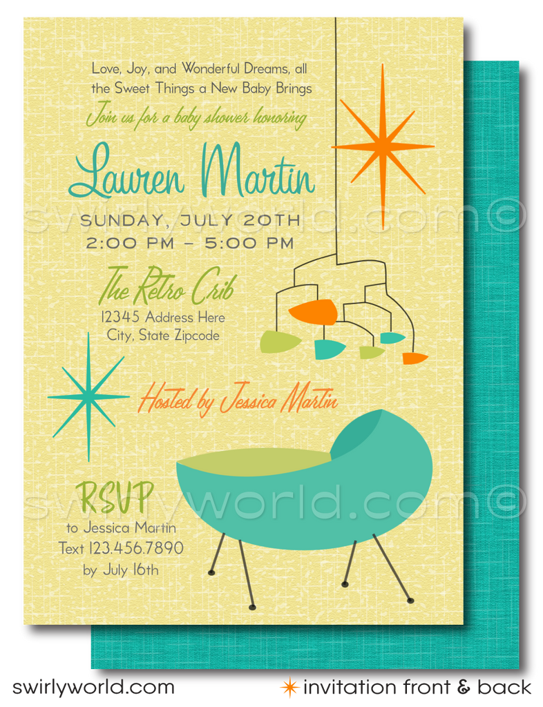 Host a memorable retro baby shower with our Vintage Mid-Century Modern Invitation Set. Features atomic starbursts, MCM mobiles, and a sleek cradle in vibrant 50s-60s colors. Customize easily on Corjl. Ideal for any retro-themed, gender-neutral celebration. Impress with a dash of vintage charm.