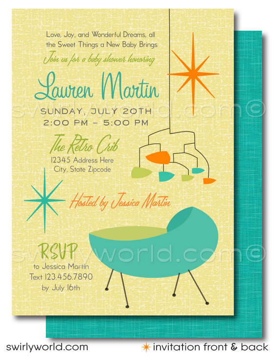 Host a memorable retro baby shower with our Vintage Mid-Century Modern Invitation Set. Features atomic starbursts, MCM mobiles, and a sleek cradle in vibrant 50s-60s colors. Customize easily on Corjl. Ideal for any retro-themed, gender-neutral celebration. Impress with a dash of vintage charm.
