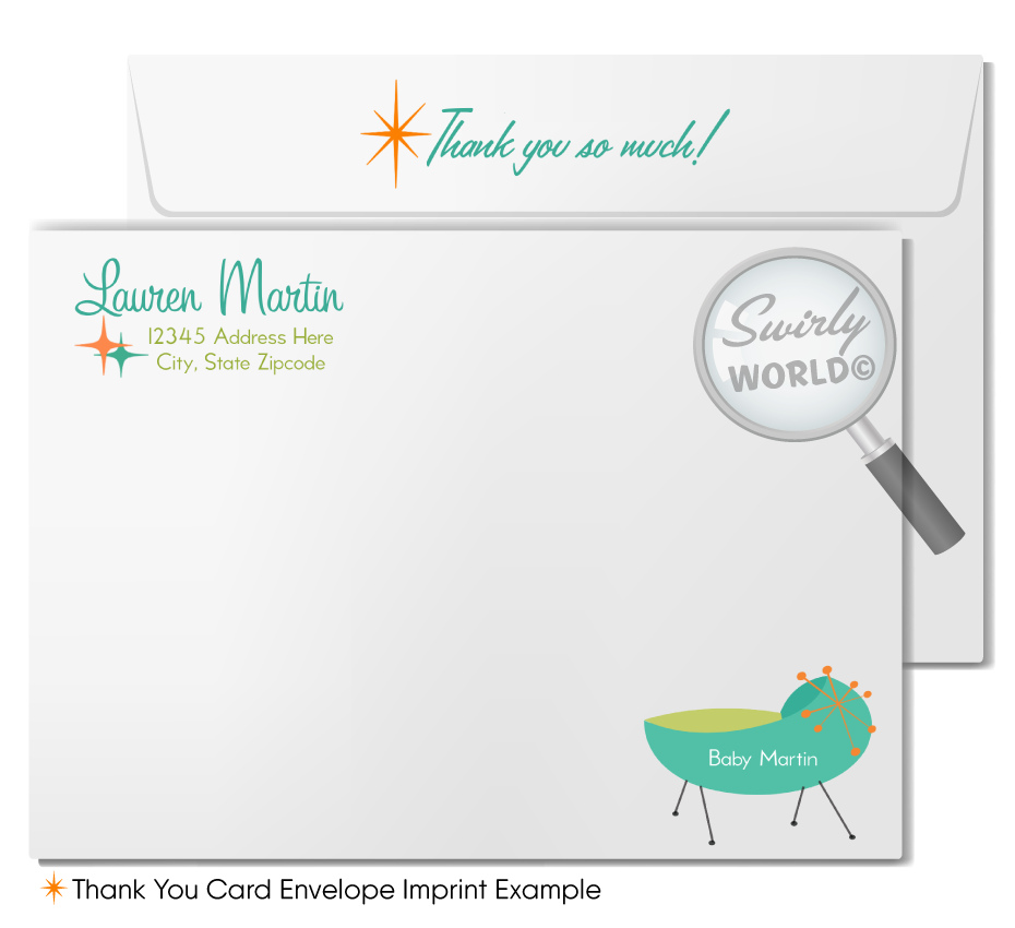 Host a memorable retro baby shower with our Vintage Mid-Century Modern Invitation Set. Features atomic starbursts, MCM mobiles, and a sleek cradle in vibrant 50s-60s colors. Customize easily on Corjl. Ideal for any retro-themed, gender-neutral celebration. Impress with a dash of vintage charm.