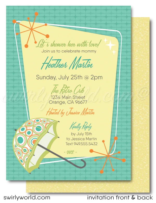 Celebrate your little one with our Vintage 1950s-1960s Mid-Century Modern Baby Shower Invitation Set! 🌟 Featuring atomic starbursts and MCM umbrella in retro colors. Includes invitations, thank you cards, and envelopes. Easily customizable with Corjl. Perfect for a stylish, gender-neutral retro-themed celebration! 🎉✨