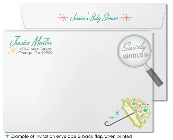 Celebrate your little one with our Vintage 1950s-1960s Mid-Century Modern Baby Shower Invitation Set! 🌟 Featuring atomic starbursts and MCM umbrella in retro colors. Includes invitations, thank you cards, and envelopes. Easily customizable with Corjl. Perfect for a stylish, gender-neutral retro-themed celebration! 🎉✨