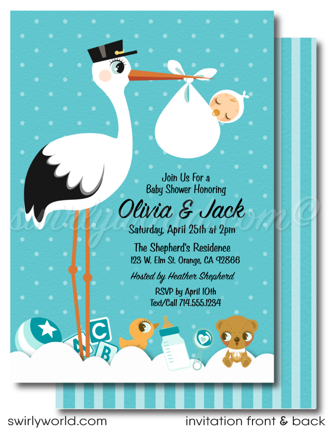 Introduce your baby boy in style with Swirly World's Retro Modern Stork Delivery Baby Shower Invitation Set! Features vibrant retro blue polka dots, vintage teddy bear, and duckling designs. Easily editable and downloadable, this set includes invitations, thank you cards, and envelopes for a seamless celebration.