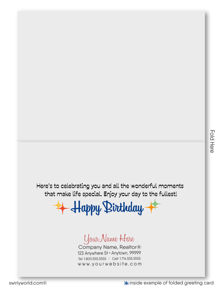 Celebrate your clients' special day with our unique Happy Birthday greeting card. Featuring retro lettering and starbursts on a navy blue background, this vibrant card is customizable. Available as folded or flat cards, printed on thick card stock with matching envelopes. Upgrade to customized envelopes with your logo