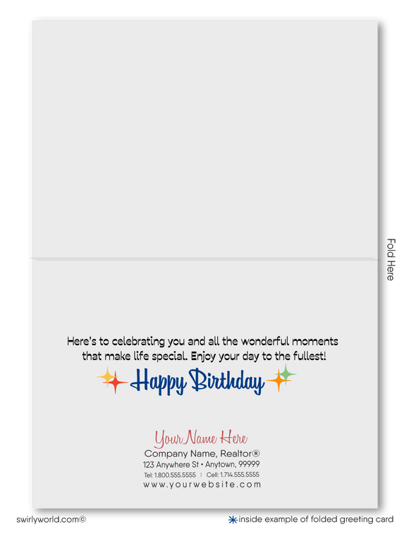 Celebrate your clients' special day with our unique Happy Birthday greeting card. Featuring retro lettering and starbursts on a navy blue background, this vibrant card is customizable. Available as folded or flat cards, printed on thick card stock with matching envelopes. Upgrade to customized envelopes with your logo