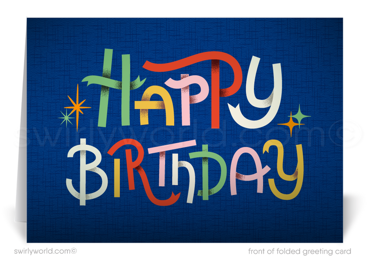 Celebrate your clients' special day with our unique Happy Birthday greeting card. Featuring retro lettering and starbursts on a navy blue background, this vibrant card is customizable. Available as folded or flat cards, printed on thick card stock with matching envelopes. Upgrade to customized envelopes with your logo