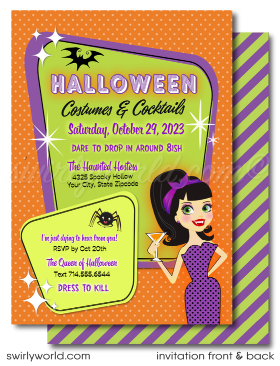 Set the stage for an unforgettable Halloween with our Pin-up Rockabilly party invitation! Featuring a retro-style pin-up vampire girl in gothic purple, spiders, and bats, this adult-themed invite is easy to customize in Corjl. Perfect for a stylish cocktail party—send via post, print, text, email, or evite!