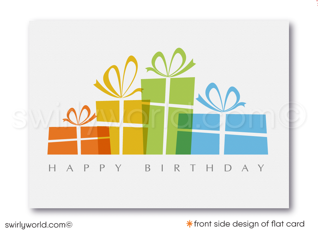 Celebrate your clients' special day with our unique Happy Birthday greeting card. Featuring abstract geometric gift packages on a clean white background. Available as folded or flat cards, printed on thick card stock with matching envelopes. Upgrade to customized envelopes with your logo for a professional touch.