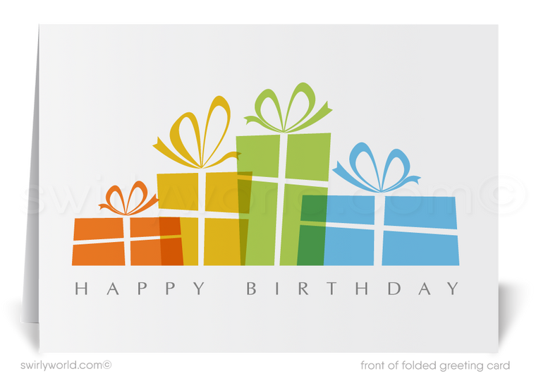 Celebrate your clients' special day with our unique Happy Birthday greeting card. Featuring abstract geometric gift packages on a clean white background. Available as folded or flat cards, printed on thick card stock with matching envelopes. Upgrade to customized envelopes with your logo for a professional touch.