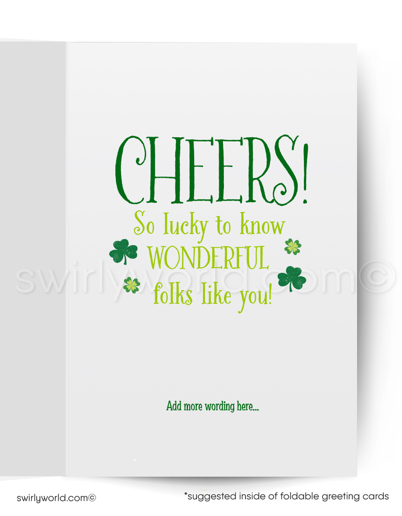 Retro St. Patrick’s Day Greeting Card – Cartoon Leprechaun with Stout & Pot of Gold – Vintage Typography & Atomic Starbursts