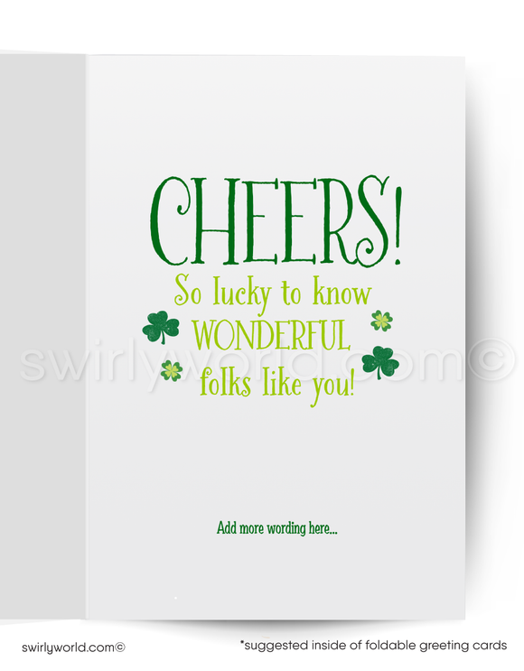 Retro Digital St. Patrick’s Day Digital Greeting Card – Cartoon Leprechaun with Stout & Pot of Gold – Vintage Typography & Atomic Starbursts