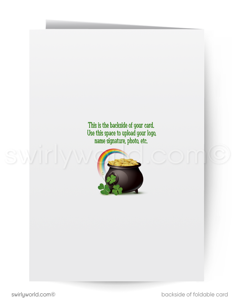 Retro St. Patrick’s Day Greeting Card – Cartoon Leprechaun with Stout & Pot of Gold – Vintage Typography & Atomic Starbursts