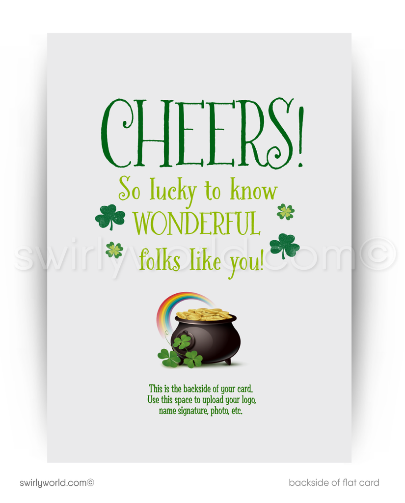 Retro St. Patrick’s Day Greeting Card – Cartoon Leprechaun with Stout & Pot of Gold – Vintage Typography & Atomic Starbursts