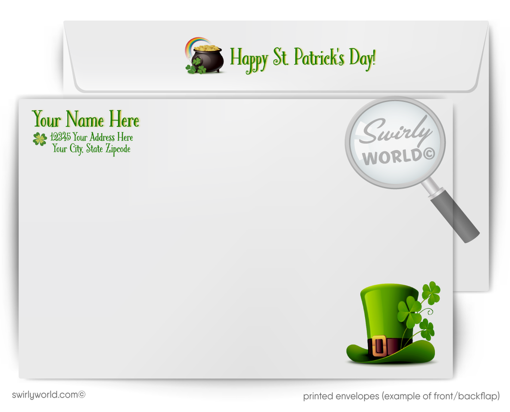 Retro St. Patrick’s Day Greeting Card – Cartoon Leprechaun with Stout & Pot of Gold – Vintage Typography & Atomic Starbursts