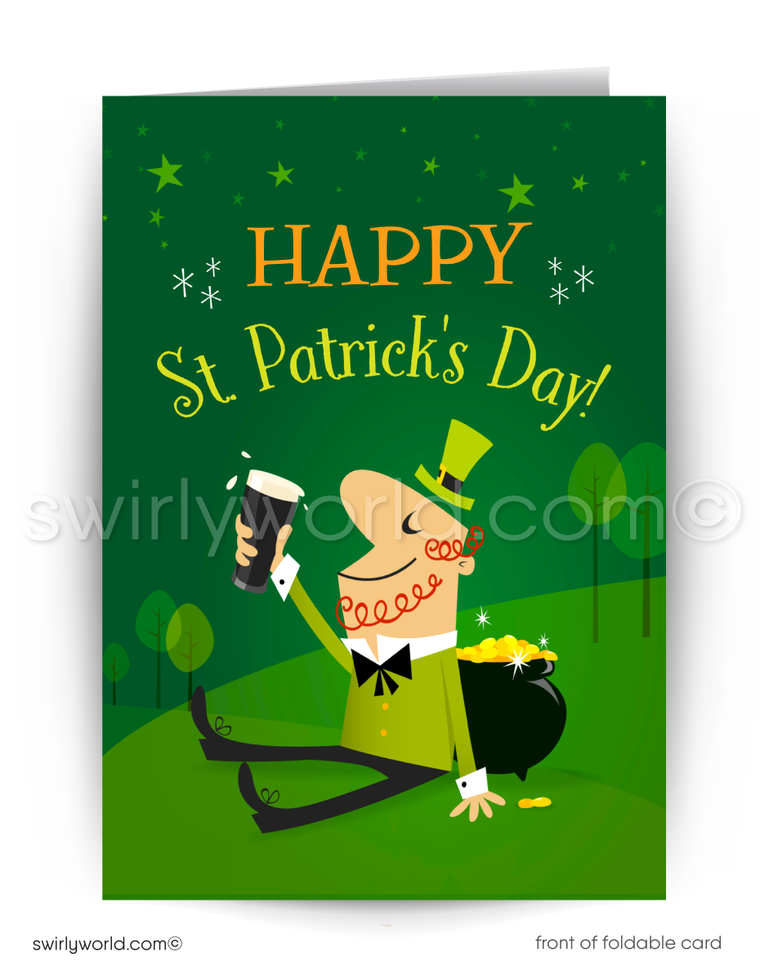 Retro St. Patrick’s Day Greeting Card – Cartoon Leprechaun with Stout & Pot of Gold – Vintage Typography & Atomic Starbursts