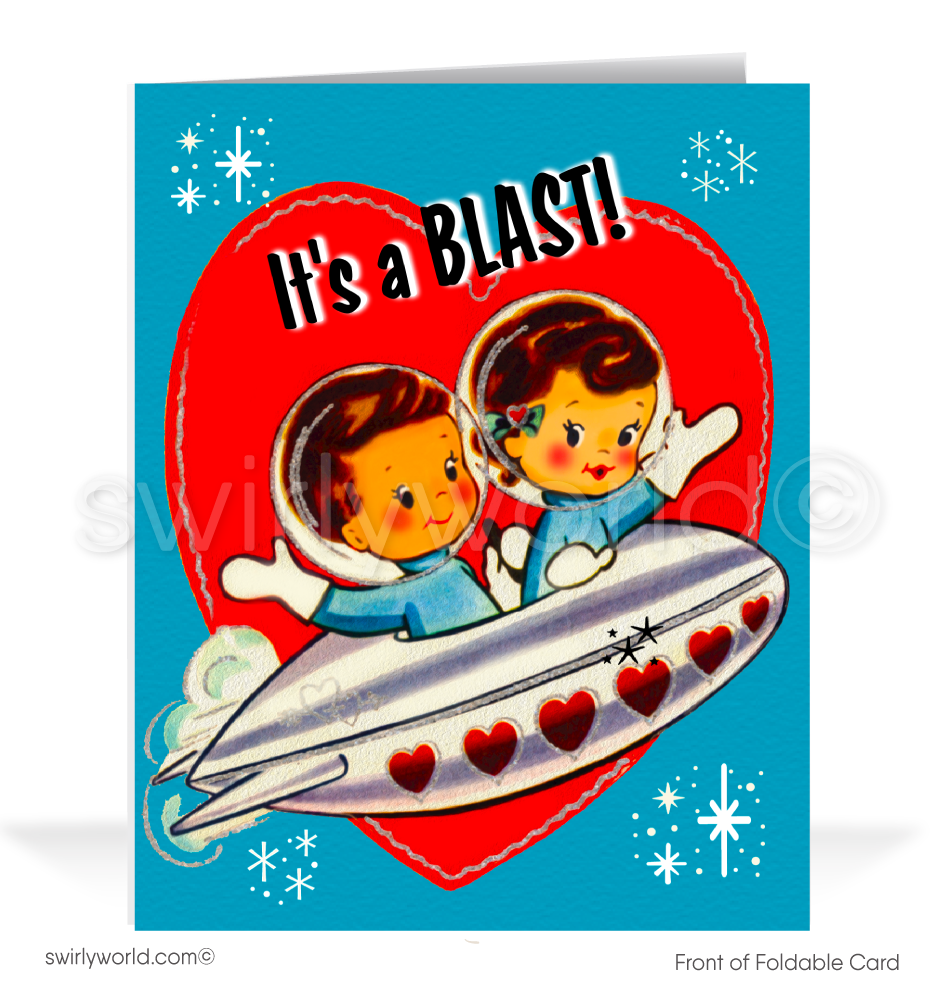 Celebrate Valentine’s Day with 1950s-inspired cards! Featuring a retro astronaut boy and girl in a rocket ship with atomic starbursts. Nostalgic and playful design!