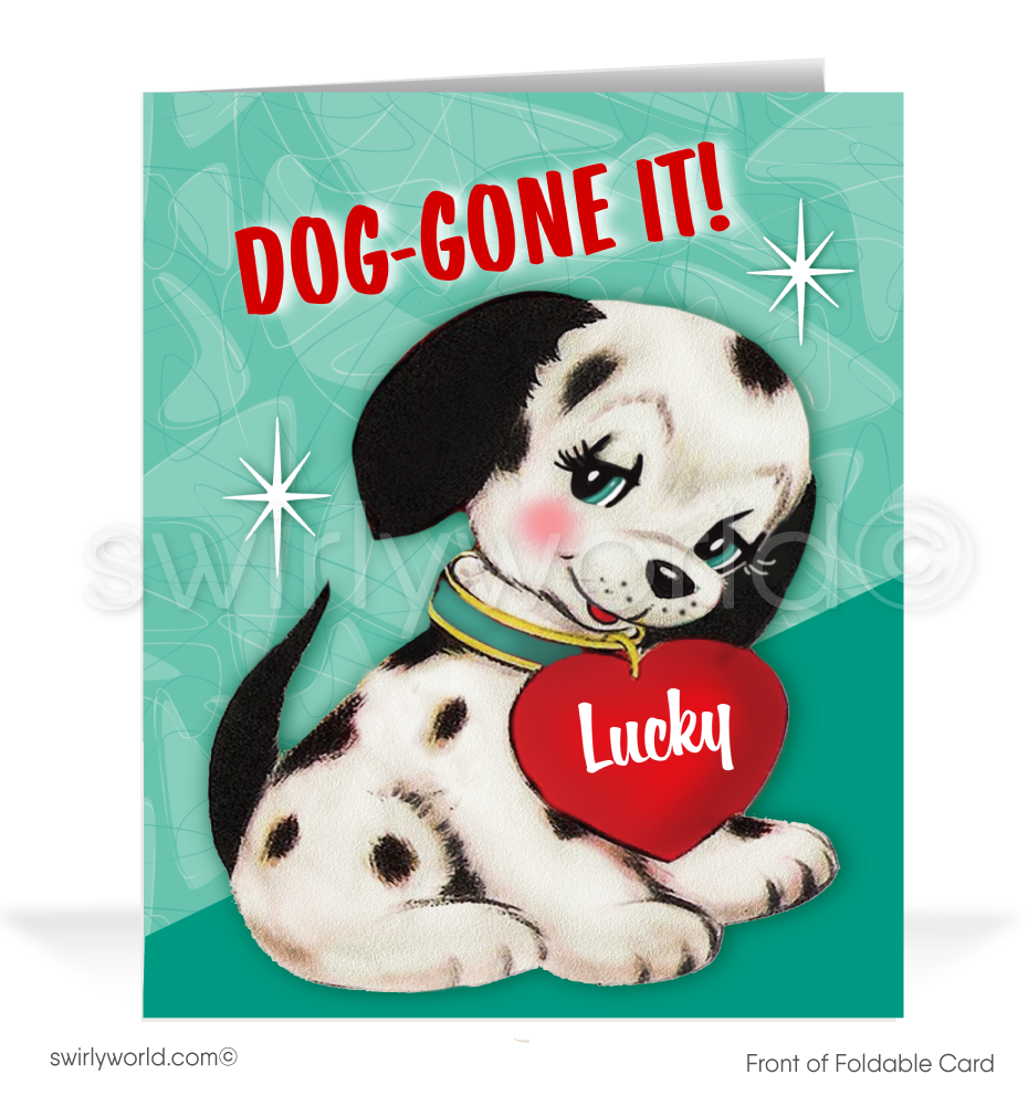 Step back in time with 1940s-1950s kitschy Valentine’s cards! Featuring a sweet puppy, atomic design, and heartfelt messages, perfect for spreading joy.