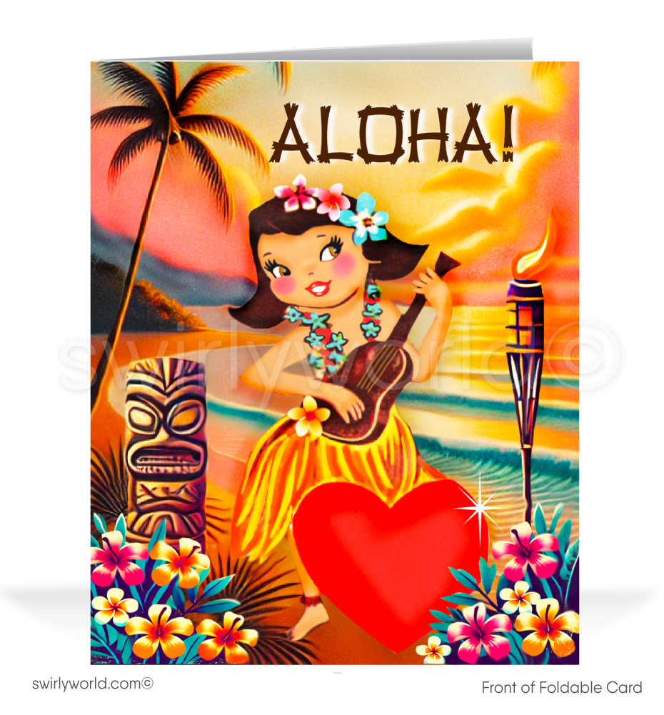 Shop charming 1940s-1950s vintage-inspired Valentine’s cards! Featuring a Hawaiian hula girl with ukulele, sunset beach vibes, and swaying palm trees. Perfectly nostalgic!