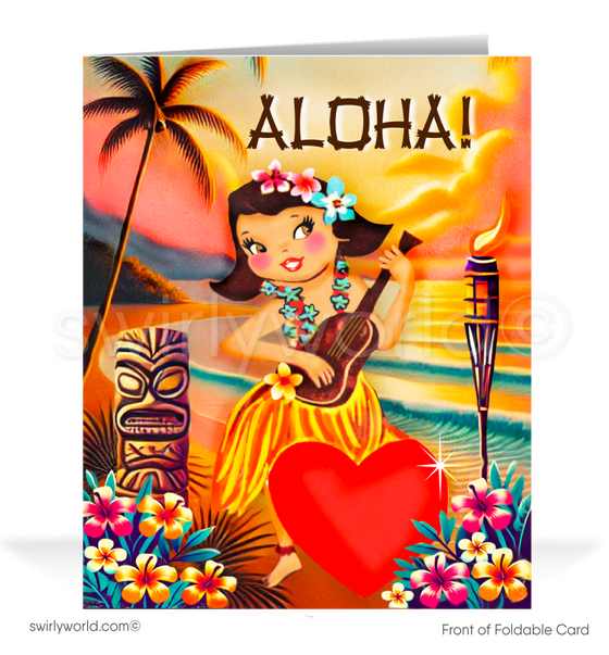 Shop charming 1940s-1950s vintage-inspired Valentine’s cards! Featuring a Hawaiian hula girl with ukulele, sunset beach vibes, and swaying palm trees. Perfectly nostalgic!