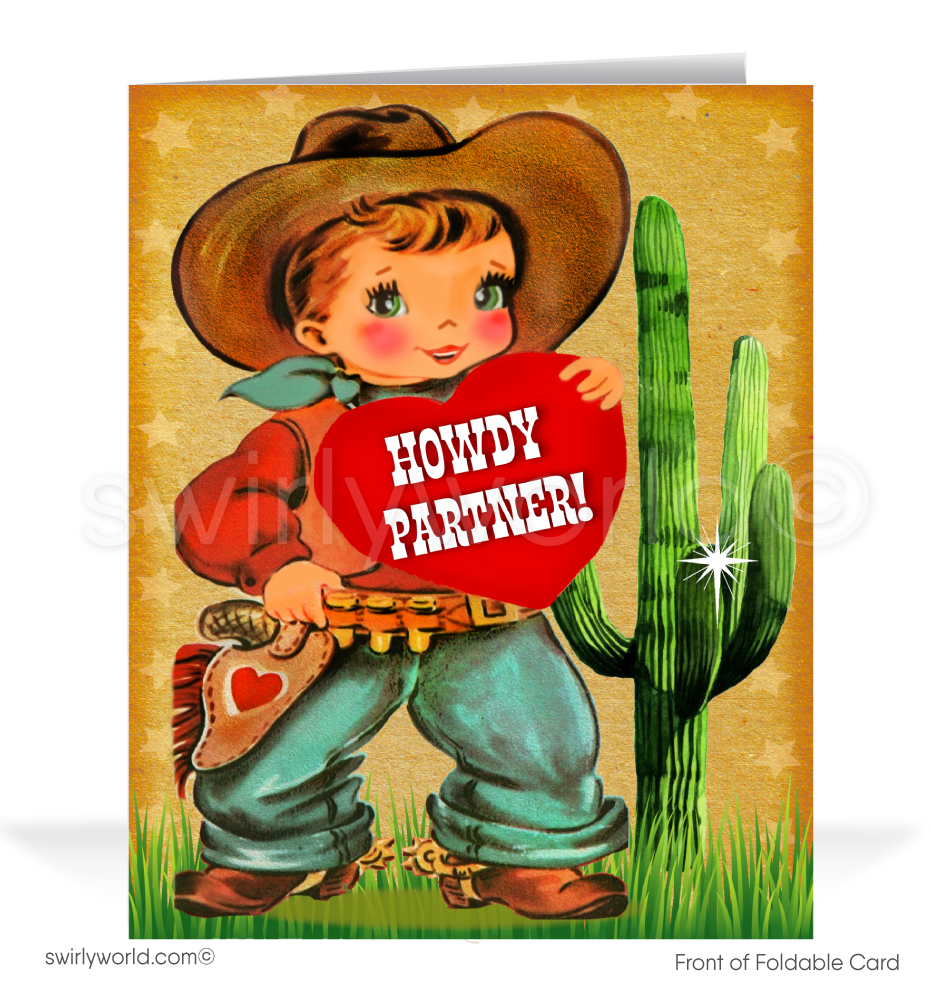 Charming 1940s-1950s Vintage-Inspired Valentine's Day Cards: Little Buckaroo Cowboy with Hearts