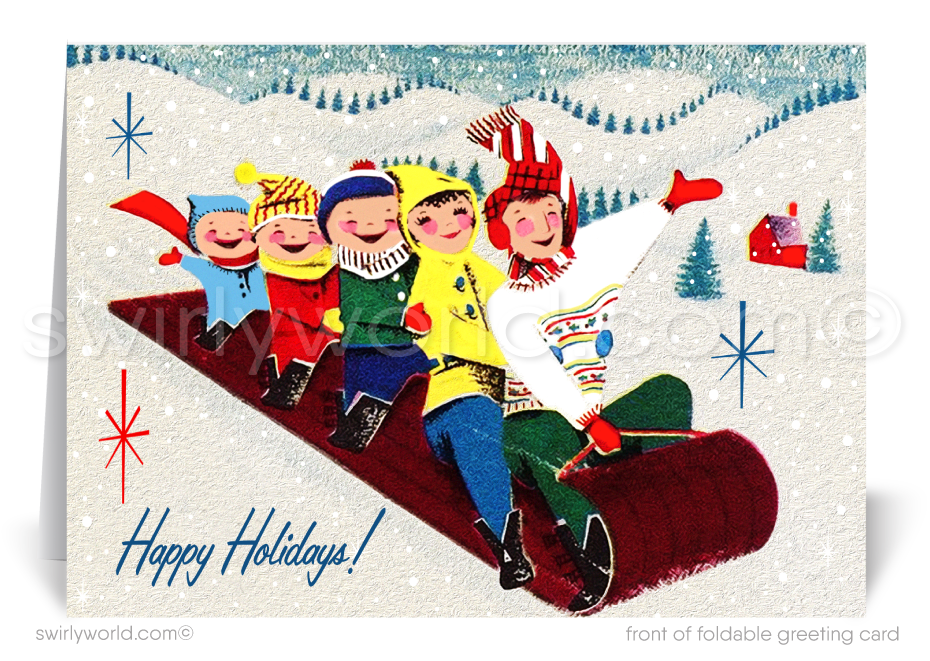 1950s Vintage Retro Christmas Holiday Card - Nostalgic Family Sledding Scene, "From the 5 of Us"