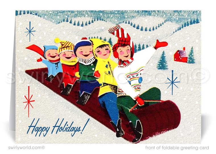 1950s Vintage Retro Christmas Holiday Card - Nostalgic Family Sledding Scene, "From the 5 of Us"