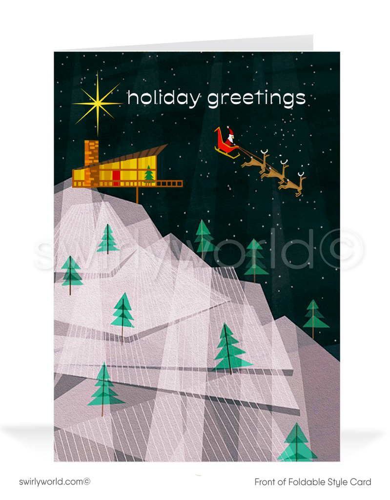 Elevate your holiday greetings with our Mid-Century Modern Holiday Christmas Card! This MCM masterpiece showcases a stylish Eichler style home perched high on a cliff, as Santa and his reindeer take flight beneath a starlit night sky.