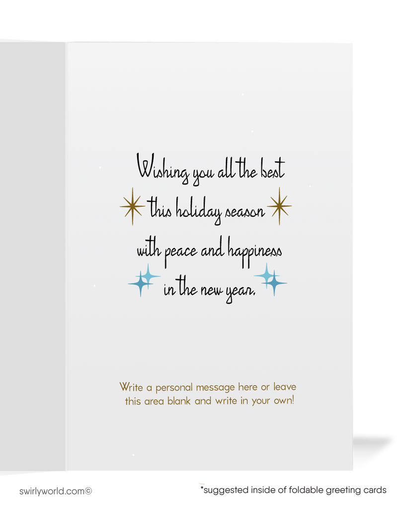 Vintage Mid-Century Holiday Card – 1950s-Style Snowflakes on Powder Blue, Customizable Retro Christmas Greeting