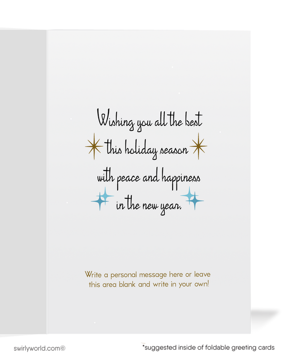 Send holiday cheer with retro charm! Mid-century style card featuring whimsical 1950s snowflakes on a powder blue backdrop. Customizable and premium quality.