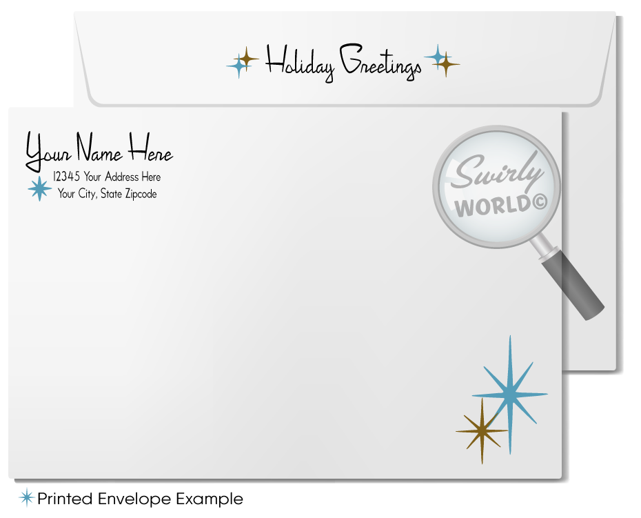 Vintage Mid-Century Holiday Card – 1950s-Style Snowflakes on Powder Blue, Customizable Retro Christmas Greeting