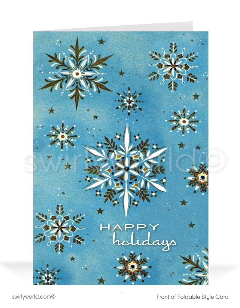 Send holiday cheer with retro charm! Mid-century style card featuring whimsical 1950s snowflakes on a powder blue backdrop. Customizable and premium quality.