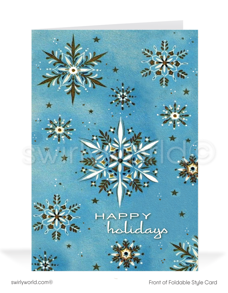 Send holiday cheer with retro charm! Mid-century style card featuring whimsical 1950s snowflakes on a powder blue backdrop. Customizable and premium quality.