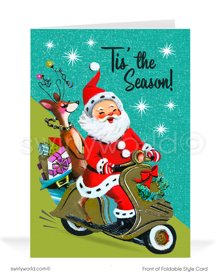 Send festive cheer with our retro mid-century holiday cards! Featuring a kitschy 1950s vintage Santa on a Vespa, atomic starbursts, and custom message options. 
