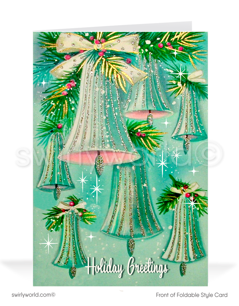 1950s Vintage Atomic Christmas Cards - Pink & Blue Ornament Bells with Starbursts on Powder Blue