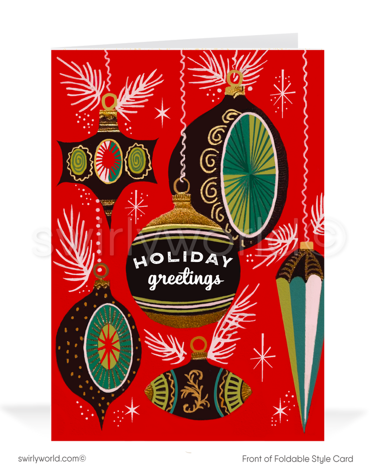 Vintage Mid-Century Christmas Card – 1960s Hand-Blown Ornaments with Atomic Starbursts, Customizable Holiday Greeting