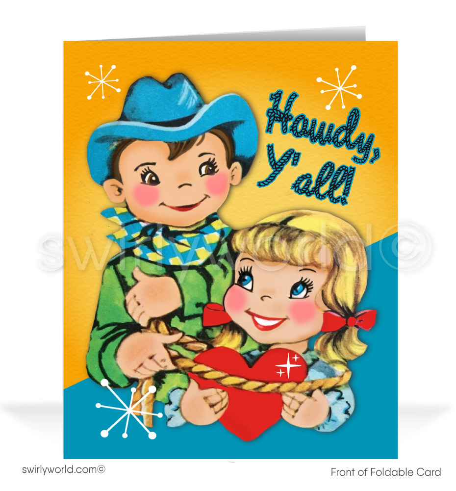 Shop 1940s-1950s kitschy Valentine’s cards! Featuring a retro cowboy and cowgirl lassoing a heart with starburst accents. Perfect for sharing Valentine’s Day cheer!