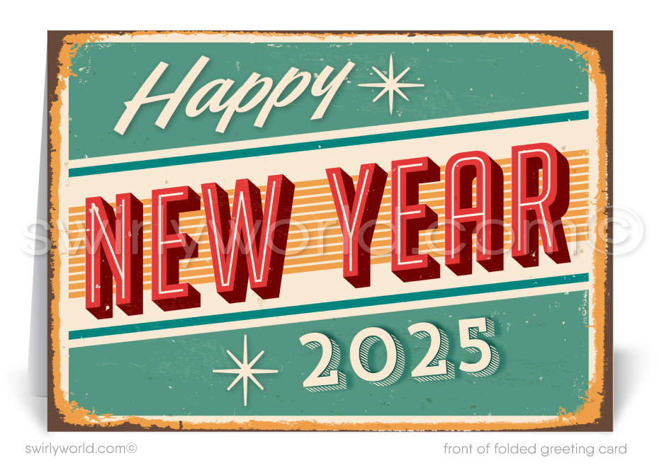 Retro Mid-Century Modern Happy New Year Card with Vintage Metal Sign Design and Atomic Starbursts