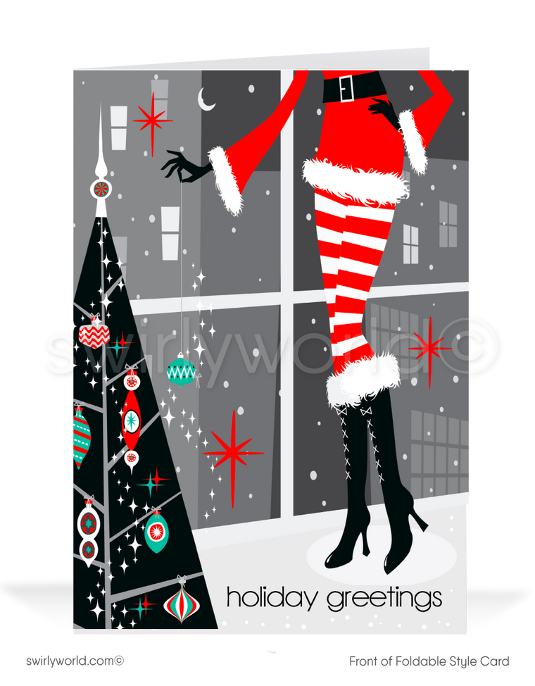 Retro-Modern Christmas Card - 1960s Chic Ms. Claus with Atomic Tree and Retro Ornaments