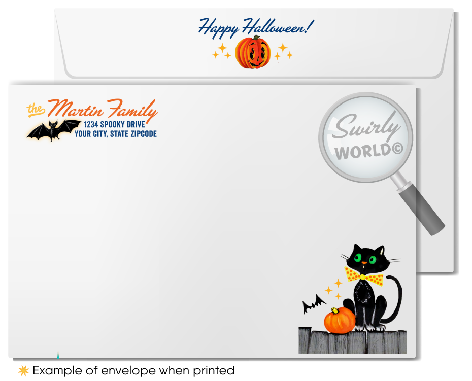 Capture the charm of yesteryear with Swirly World's Vintage 1940s Retro Halloween Greeting Cards. Featuring a Jack-o'-lantern witch puffing a pipe and a playful bat, these cards offer nostalgic Halloween magic. Choose from flat or folded designs with customizable envelopes for a personalized touch!