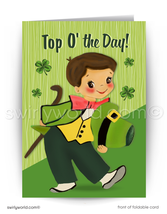 Vintage St. Patrick’s Day greeting card with a retro 1940s-50s design. Customizable & perfect for clients or friends