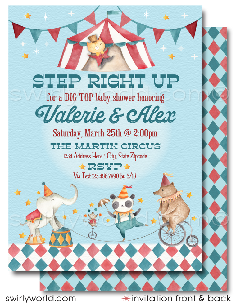 Delight in our French Vintage Carnival Circus Baby Shower Set, featuring watercolor circus characters like elephants, tigers, and pandas. Customize this nostalgic digital download with movable layers and vintage fonts. Perfect for a gender-neutral couple's shower that's as enchanting as it is memorable.