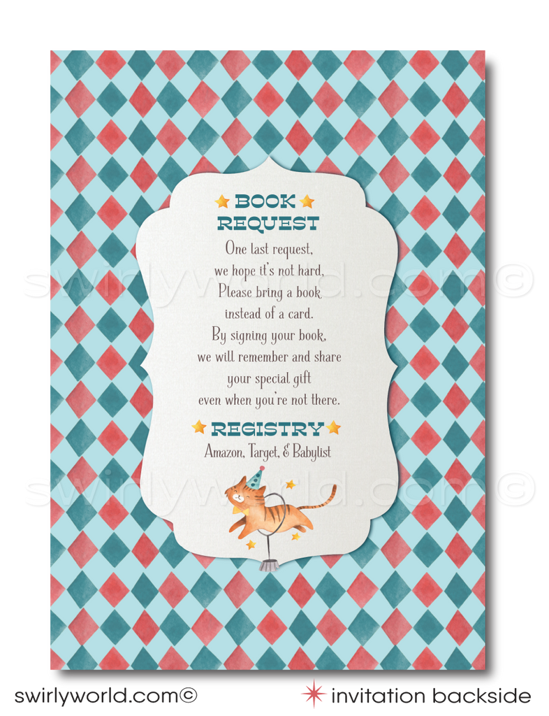 Delight in our French Vintage Carnival Circus Baby Shower Set, featuring watercolor circus characters like elephants, tigers, and pandas. Customize this nostalgic printed invitations with movable layers and vintage fonts. Perfect for a gender-neutral couple's shower that's as enchanting as it is memorable.